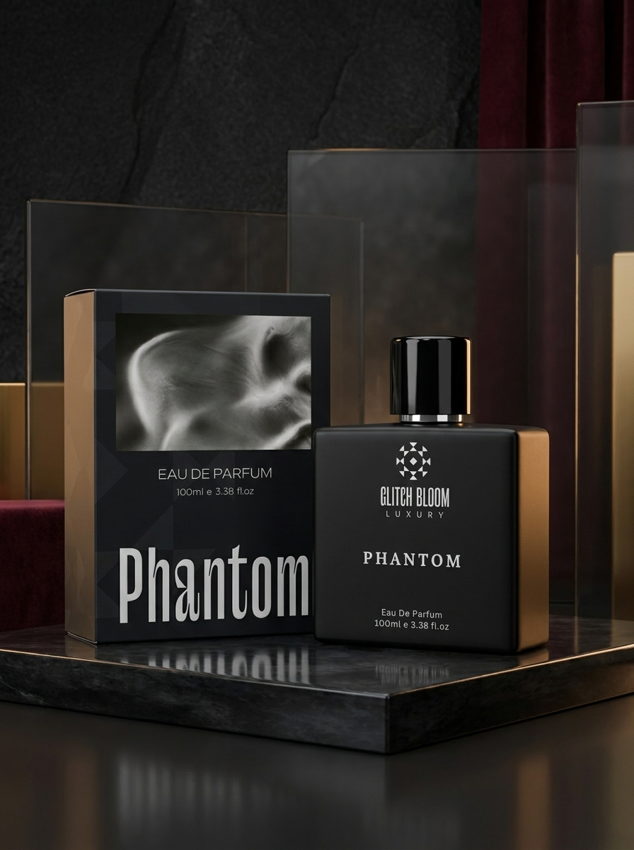 A black rectangular perfume bottle labeled 'GLITCH BLOOM LUXURY PHANTOM' stands in front of its matching black box packaging on a dark reflective surface.